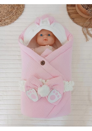 Yenidoğan 4 Kat Müslin Kumaş Kulaklı Patili Fiyonk Bebek Battaniyesi Kundak Pembe Çok Renkli