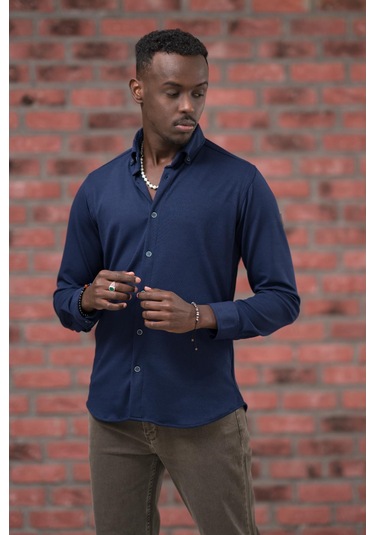 Advante İnce Fitilli Full Likralı Yaka Düğmeli Mevsimlik Slimfit Gömlek Lacivert