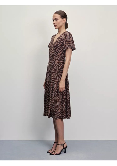 Zarına Kısa Kollu Midi Elbise, Çapraz Bağlamalı 218368967 Kahverengi