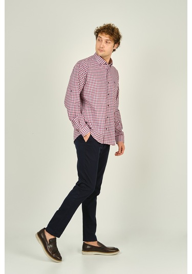 Figs Erkek Slim Fit Ekoseli Uzun Kollu %100 Pamuk Gömlek 0016 Kırmızı Kırmızı