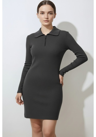 Kadın Fermuarlı Polo Yaka Gri Elbise Çok Renkli