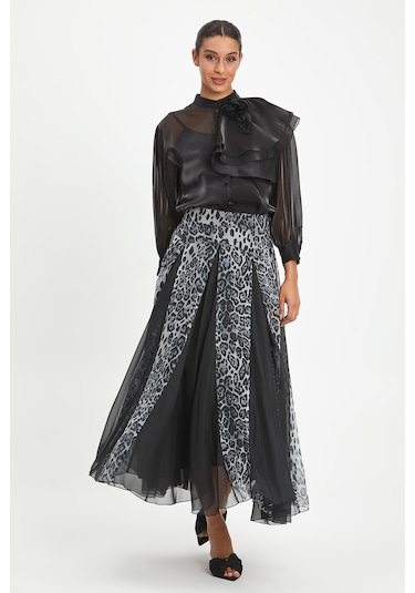 Kadın Leopar Desenli Şifon Etek - Katmanlı, Hafif Ve Zarif Tasarım - Günlük Ve Özel Davet Kullanımı İçin Etek Gri