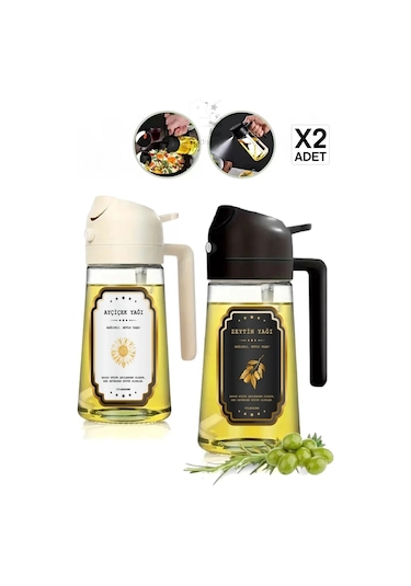 Madamev 2 Adet Çift Fonksiyonlu Cam Sprey Yağdanlık 450ml Zeytinyağı Sıvıyağ Şişe Etiketli Airfryer Siyah Beyaz