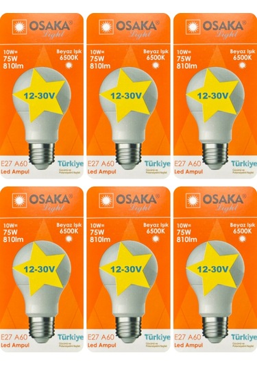 6 Adet Osaka 12volt 10w 75w Beyaz Işık 6500k E27 Duylu Kalın Duy Led Ampul