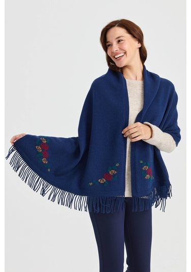 Desen Triko Kadın Triko Kenarı Çiçekli Yün Şal 23224 Indigo İndigo