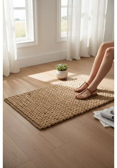 Akayev Nature Jüt Hasır Dikdörtgen Saçaklı Paspas 65x45 Cm Kahverengi