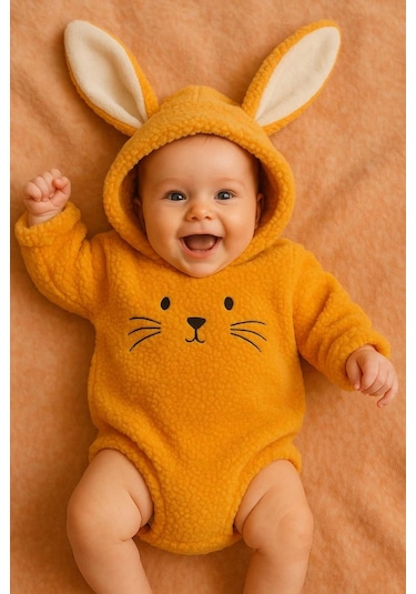 Aden Kids Kapüşonlu Bebek Peluş Çıtçıtlı Badi Sarı