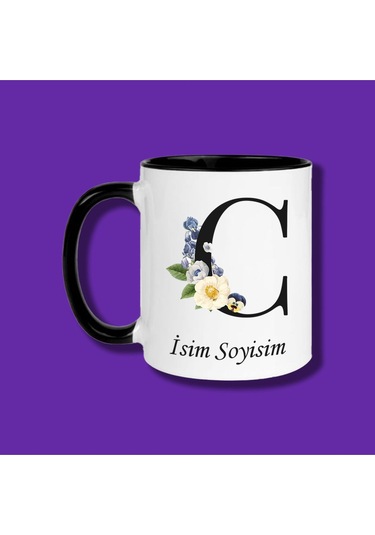Kişiye Özel C-ç Harfli Çiçek Tasarımlı Isme Özel Siyah Kupa Bardak Beyaz