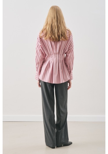 Pile Detaylı Gömlek Pembe Çizgili Pembe Çizgili