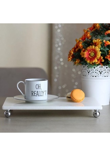 Akayev Mermer Beyaz 30x20 cm Gümüş Boncuk Ayaklı Sunum Tabağı