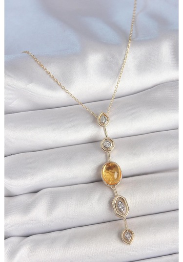 Pirinç Zincir Kehribar Sarı Gold Renk Zirkon Taşlı Y Kolye Çok Renkli