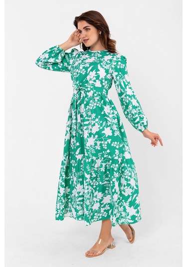 Yaprak Desenli Renkli Pamuklu Yazlık Baharlık Kuşaklı Elbise 2101 Yeşil