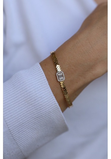 Yenigün Kuyumculuk 14 Ayar Altın Baget Taşlı Balık Sırtı Bileklik 5956 Sarı Altın