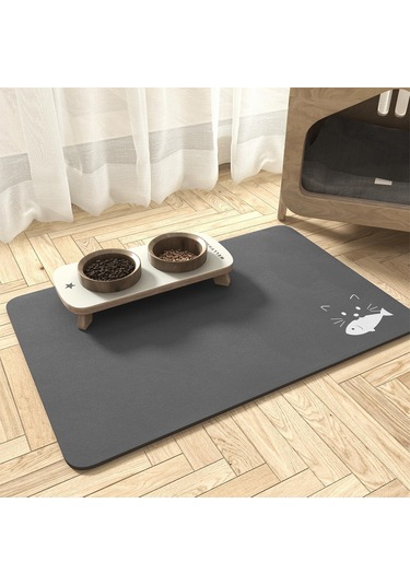 MatGo Pati Balık Figürlü Su Geçirmez Kaymaz Gri Kedi Köpek Mama Paspası 50 x 70 CM