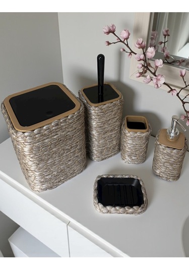 Doğal Dokulu Hasır Görünümlü 6 Parça Banyo Takımı Zarif Ve Modern Gri