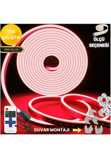 Neon Esnek Şerit Led Tak Çalıştır Kumandalı - Dimmer- Kırmızı 5 M Kırmzı