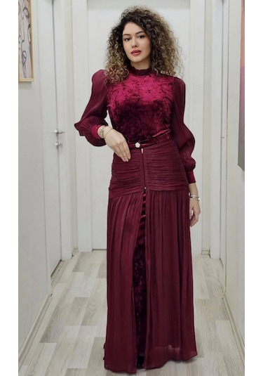 Çiçek Detaylı Çıkarılabilir Etekli Kadife Abiye 2752-bordo Bordo