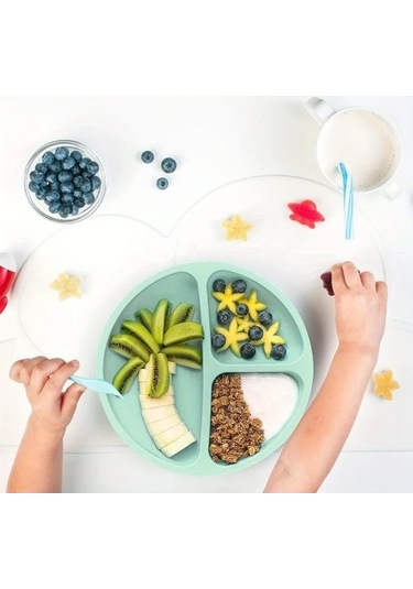Trendooze Sevimli Mavi Gıda Sınıfı Silikon Emici Eğitici Yemek Tabağı Çocuklar İçin mavi