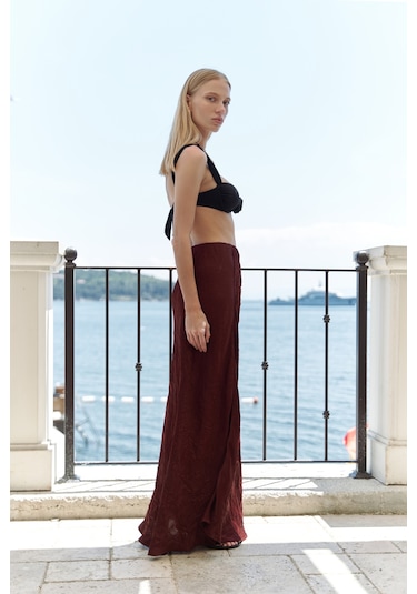 Eubah Kırışık Uzun Bordo Saten Etek Bordo