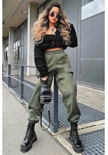 Mad Girls Haki Paça Lastikli Oversize Kadın Eşofman Mg324 Haki