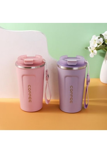 Pembe Mühür Kapaklı Seyahat Kahve Kupa Dökülmeye Dayanıklı Yalıtımlı Çevre Dostu Kolay Tek Elle İçme Paslanmaz
