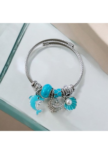 Kadın Çelik Charm Bileklik Bilezik Yunus Figürlü Mavi Çelik