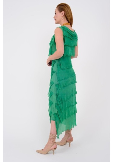 Italyan 2 Beden İnce Gösteren Kat Kat Kolsuz Ipek Elbise-8769 Yeşil