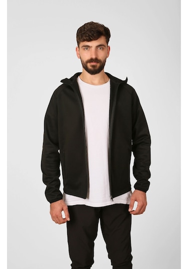 Nature The Brand Şardonlu Dalgıç Fermuarlı Dik Yaka Kapüşonlu Sweatshirt/ceket Siyah