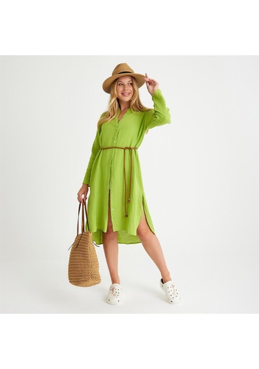 %100 Pamuklu Dokuma Müslin Hakim Yaka Kemer Detaylı Plaj Gömlek Elbise - Medium Yeşil