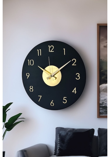 Ahşap Dekoratif Pleione Gold Aynalı Duvar Saati 48cm Siyah - Gold