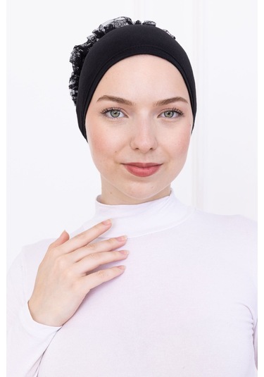 Fırfırlı Önden Dikişli Penye Bone - Kadın Tesettür Bağlamalı Topuz İç Bone-siyah Siyah