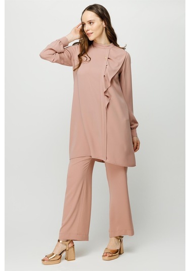 Volan Detaylı Pantolon Tunik Takım Pudra-pudra Pudra