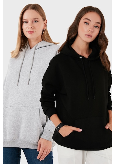 Lela Regular Fit Pamuklu Kapüşonlu Yaka Şardonlu Kışlık 2'Li Paket Bayan Sweat 5863854S2 Gri Melanj-Siyah