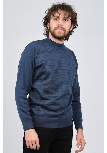 Çizgi Triko Erkek Yarım Balıkçı Yaka Desenli Kazak 42564225 Indig Indigo İndigo