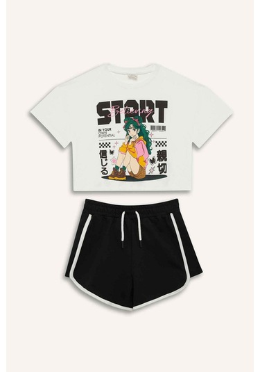 DeFacto Kız Çocuk 2'li Takım Kısa Kollu Tişört Esnek Belli Şort E3817A825SMER105 Ekru