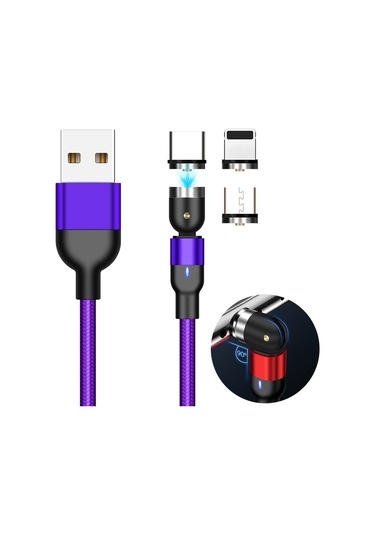 2m 2a Çıkış 3'ü 1 Arada Usb - 8 Pin Usb-c / Type-c Mikro Usb Naylon Örgülü Döndürmeli Manyetik Şarj Kablosu Mor