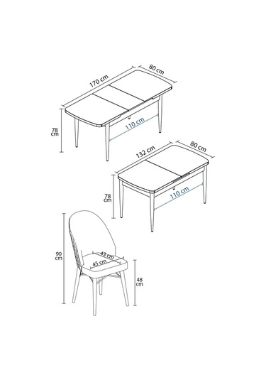 Mona Siyah Mermer 80x132 Açılabilir Mdf Masa Yemek Odası Takımı, Mutfak Takımı 4 Adet Sandalye Siyah Mermer - 4 Siyah - Siyah Ayak