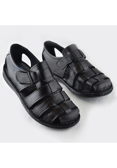 Ayakkabiburada 033 Topuk Jelli Hakiki Deri Erkek Sandalet Ayakkabı Siyah