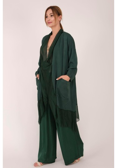 Italyan Ipek Detaylı Oversize Kaftan & Bluz-8711 Zümrüt Yeşili