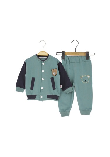 Cep Detaylı Ayı Armalı İki İplik Alt Üst Takım Petrol Yeşili