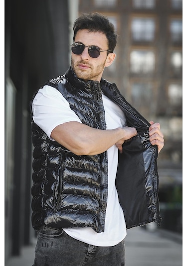 Bl 1696 Slim Fit Extra Parlak Dik Yaka Erkek Şişme Yelek Siyah