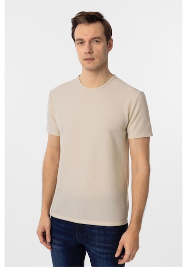 Süvari Bej Slim Fit Armürlü Bisiklet Yaka Tişört-37337 Bej