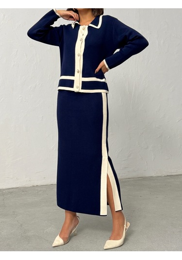 Kadın Inci Düğmeli Etekli Triko Takım Lacivert
