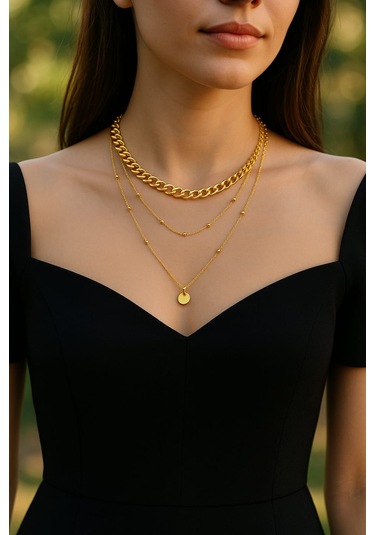 Altın Renk Üç Katlı Zincir Kolye Kalın Choker & İnce Zincir & M Gold