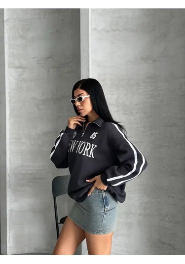 Yarım Fermuarlı Newyork Yazılı Sweat Antrasit