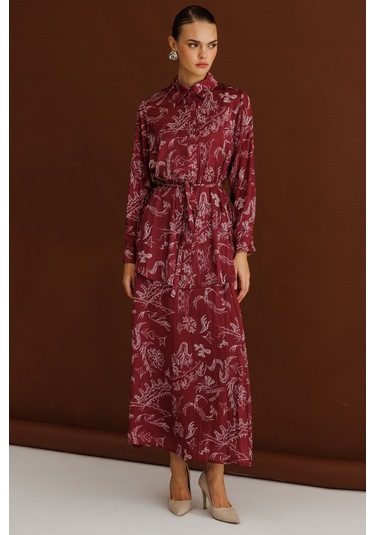 Mizalle Bordo Desenli Evaze Uzun Saten Etek Bordo