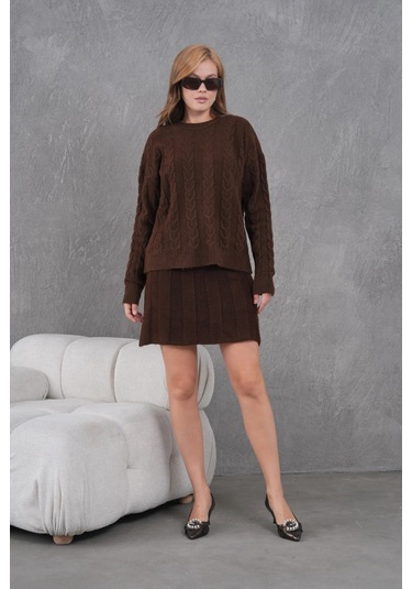Kadın Bisiklet Yaka Saç Örgü Kazak Etek İkili Triko Takım Kahve