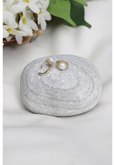 Mrs Flower İnci Detaylı Çelik Küpe Beyaz - Sarı