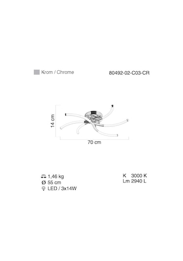 Lucea Canossa 70 Lık 3 Lu Ledlı Plafonyer 42w 3000k 3
