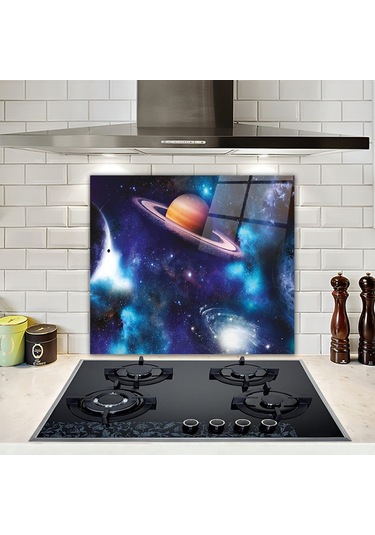 Decorita Cam Ocak Arkası Koruyucu Galaksi Desen - Renkli  52 CM x 60 CM